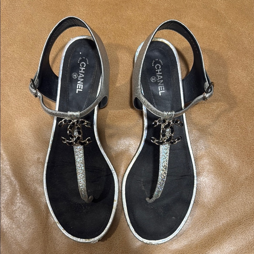 Chanel Black and Silver Sandals Elegant Design